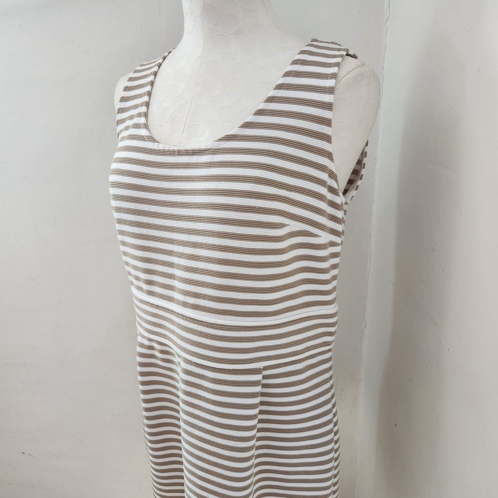 Ann Taylor LOFT Tan White Striped Sleeveless Sheath Dress Size 12 Textured Pique - Picture 5 of 5